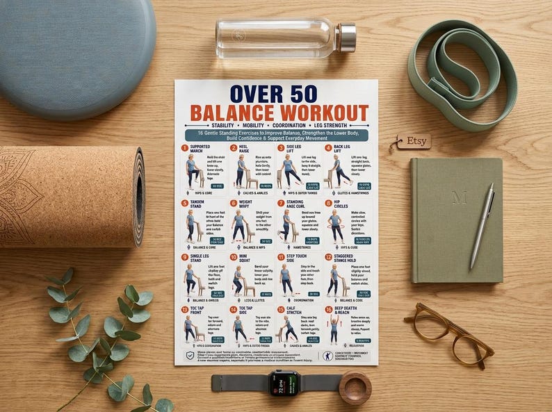 Pode incluir: Um cartaz instrutivo branco intitulado OVER 50 BALANCE WORKOUT com dezasseis ilustra&ccedil;&otilde;es numeradas de exerc&iacute;cios suaves em p&eacute;. O gr&aacute;fico inclui descri&ccedil;&otilde;es de texto para estabilidade, mobilidade, coordena&ccedil;&atilde;o e treino de for&ccedil;a das pernas.