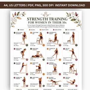 May include: A digital fitness chart titled Strength Training for Women in Their 50s, featuring 16 illustrated low-impact exercises with instructions. The layout includes botanical accents, icons for health benefits, and text for A4 and US Letter sizes.