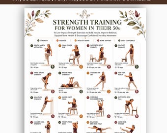 Treinamento de força para mulheres acima de 50 anos (para imprimir), 16 exercícios com halteres para iniciantes, tabela de treino para o corpo todo em PDF, pôster para exercícios em casa.