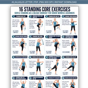 May include: A digital exercise chart titled 16 Standing Core Exercises, featuring sixteen numbered panels with illustrations of a person in a blue tank top and black leggings demonstrating various standing movements for abdominal and oblique training.