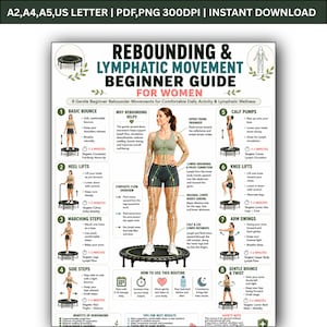 May include: A digital instructional poster titled Rebounding & Lymphatic Movement Beginner Guide for Women. It features eight numbered exercise steps with illustrations of a person on a mini trampoline, plus a central diagram showing lymphatic flow.