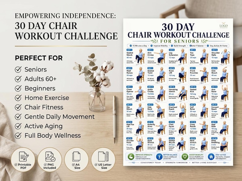 Puede incluir: Un gr&aacute;fico de desaf&iacute;o de entrenamiento en silla de 30 d&iacute;as para personas mayores con una cuadr&iacute;cula de 30 ilustraciones de ejercicios diarios con instrucciones. Incluye encabezados, una lista de beneficios e iconos de formatos PDF, PNG, A4 y US Letter.