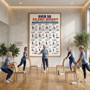 Pode incluir: Um grande cartaz de parede retangular com moldura de madeira intitulado OVER 50 BALANCE WORKOUT. O cartaz apresenta uma grade de 16 instru&ccedil;&otilde;es de exerc&iacute;cios ilustradas com texto, focadas em estabilidade, mobilidade e for&ccedil;a das pernas.