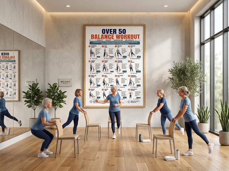Pode incluir: Um grande cartaz de parede retangular com moldura de madeira intitulado OVER 50 BALANCE WORKOUT. O cartaz apresenta uma grade de 16 instru&ccedil;&otilde;es de exerc&iacute;cios ilustradas com texto, focadas em estabilidade, mobilidade e for&ccedil;a das pernas.