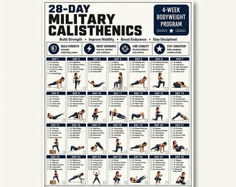 28 Day Military Calisthenics Challenge Printable, Full Body Bodyweight Workout Plan PDF, No Equipment Fitness Poster, Bootcamp Style