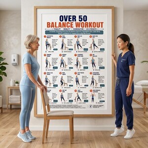 Pode incluir: Um grande cartaz emoldurado intitulado OVER 50 BALANCE WORKOUT com dezasseis ilustra&ccedil;&otilde;es numeradas de exerc&iacute;cios em p&eacute;. O gr&aacute;fico inclui descri&ccedil;&otilde;es de texto para estabilidade, mobilidade, coordena&ccedil;&atilde;o e for&ccedil;a das pernas, exibido numa moldura de madeira.