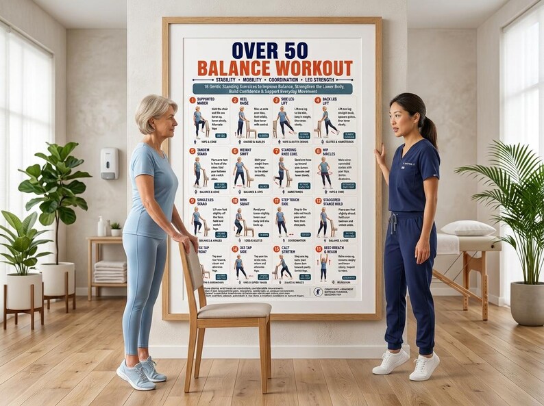 Pode incluir: Um grande cartaz emoldurado intitulado OVER 50 BALANCE WORKOUT com dezasseis ilustra&ccedil;&otilde;es numeradas de exerc&iacute;cios em p&eacute;. O gr&aacute;fico inclui descri&ccedil;&otilde;es de texto para estabilidade, mobilidade, coordena&ccedil;&atilde;o e for&ccedil;a das pernas, exibido numa moldura de madeira.
