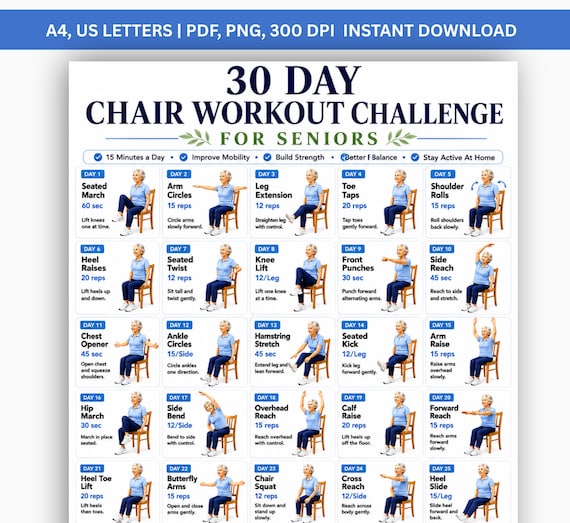 30 Day Chair Workout Challenge Printable | Seated Exercise Plan for Seniors | Low Impact Chair Fitness | Daily Home Workout PDF