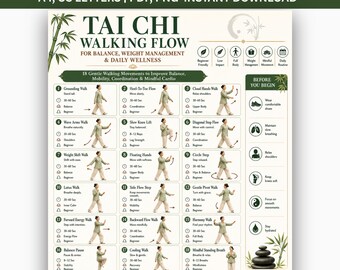 Tai Chi Walking for Weight Loss Printable PDF, Tai Chi Exercises for Seniors, 7 Minute Walking Workout Chart, Balance & Mobility Guide