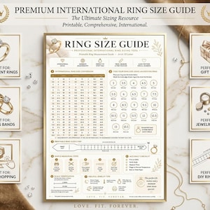 May include: A printable ring size guide featuring a central chart with international ring size conversions, a measurement circle guide, a printable ring sizer strip, and instructional steps for accurate sizing, all presented on a white document.