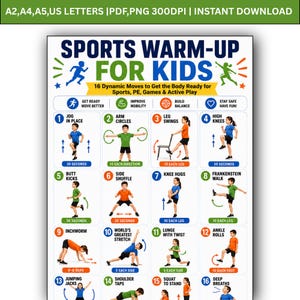Peut inclure: Une affiche numérique intitulée Sports Warm-Up for Kids présentant 16 illustrations d'exercices numérotées. Chaque section montre un enfant effectuant un mouvement spécifique avec des étiquettes comme Jog in Place, Arm Circles et Inchworm.