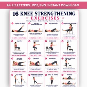 Può includere: Un poster digitale intitolato 16 KNEE STRENGTHENING EXERCISES con illustrazioni numerate di una persona in abbigliamento sportivo rosa e grigio che esegue vari esercizi di fisioterapia, completi di istruzioni testuali per ogni movimento.
