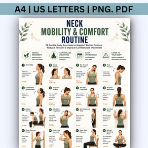 Pode incluir: Um cartaz digital intitulado Neck Mobility & Comfort Routine apresentando 16 exercícios ilustrados e numerados. Cada seção mostra uma pessoa realizando movimentos como alongamentos e rotações com instruções de texto e contagem de repetições.