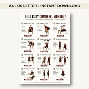 Op de afbeelding: Een witte informatieposter met de titel FULL BODY DUMBBELL WORKOUT met twaalf genummerde oefenillustraties met instructies en herhalingsaantallen. De lay-out bevat tekst voor A4- en US Letter-formaten.