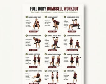 Ganzkörper-Hanteltraining PDF zum ausdrucken, 20 Hantelübungen Diagramm für Männer, Krafttraining zu Hause Poster, Körpertraining, digitaler Download