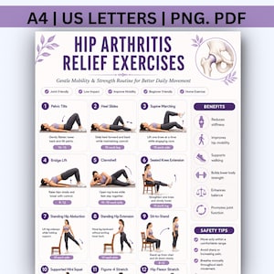 May include: A digital exercise chart titled Hip Arthritis Relief Exercises featuring illustrations of nine movements including pelvic tilts, heel slides, and bridge lifts. The document includes sections for benefits and safety tips in purple and white.