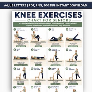 May include: A digital chart titled KNEE EXERCISES CHART FOR SENIORS featuring 16 numbered illustrations of individuals performing various physical movements. The document includes text instructions for each exercise, specifying repetitions and techniques.