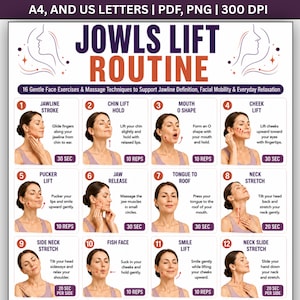 Peut inclure: Un tableau numérique intitulé JOWLS LIFT ROUTINE présentant 12 panneaux d'instructions numérotés avec des illustrations d'une personne effectuant des exercices faciaux. Le texte inclut des descriptions pour chaque mouvement, comme Jawline Stroke.