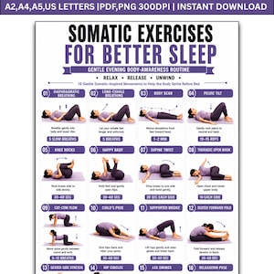 Op de afbeelding: Een digitale poster getiteld Somatic Exercises for Better Sleep met 16 genummerde illustraties van een persoon die zachte bewegingen uitvoert op een mat. De tekst bevat instructies voor ademhaling en rekoefeningen voor de avond.