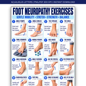 Foot Neuropathy Exercises Printable, 16 Gentle Foot Mobility & Balance Exercises, Ankle and Toe Movement Routine, Exercise Chart Poster PDF