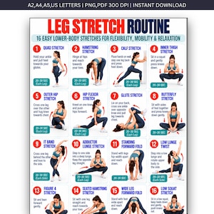 Peut inclure: Une affiche numérique intitulée LEG STRETCH ROUTINE présentant 16 panneaux d'instructions numérotés. Chaque panneau montre une personne en tenue de sport bleue effectuant un étirement spécifique avec des instructions et une durée de 20-30 secondes.