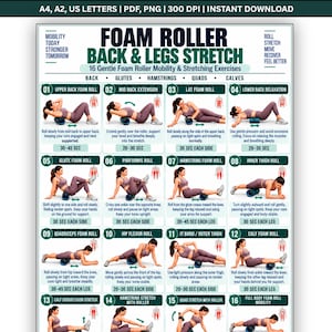 Peut inclure: Une affiche pédagogique numérique intitulée FOAM ROLLER BACK & LEGS STRETCH présentant 16 schémas d'exercices numérotés. Chaque section inclut une personne démontrant une technique de rouleau en mousse, du texte descriptif et la durée en secondes.
