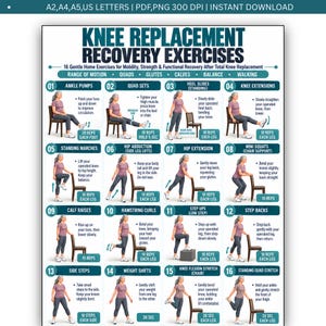 May include: A digital poster titled Knee Replacement Recovery Exercises featuring 16 illustrated physical therapy movements. Each numbered section includes a figure demonstrating the exercise, descriptive text instructions, and repetition counts.