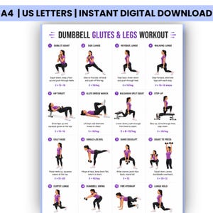 Może przedstawiać: Cyfrowy plakat treningowy zatytułowany DUMBBELL GLUTES & LEGS WORKOUT zawierający szesnaście ponumerowanych ilustracji ćwiczeń. Każda sekcja przedstawia osobę w fioletowej koszulce i czarnych legginsach wykonującą ćwiczenia z hantlami.