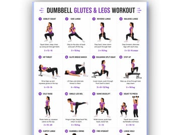 Tabla de ejercicios con mancuernas para glúteos y piernas / 16 ejercicios para la parte inferior del cuerpo para mujeres / Entrenamiento de glúteos y piernas / Póster de fitness para el hogar en PDF