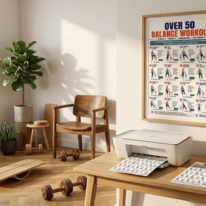 Pode incluir: Um cartaz emoldurado intitulado OVER 50 BALANCE WORKOUT com ilustra&ccedil;&otilde;es de exerc&iacute;cios e texto, pendurado numa parede acima de uma impressora branca numa secret&aacute;ria de madeira. Duas c&oacute;pias impressas do mesmo plano est&atilde;o sobre a mesa.