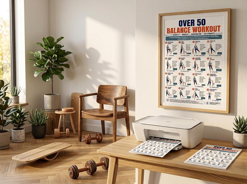 Pode incluir: Um cartaz emoldurado intitulado OVER 50 BALANCE WORKOUT com ilustra&ccedil;&otilde;es de exerc&iacute;cios e texto, pendurado numa parede acima de uma impressora branca numa secret&aacute;ria de madeira. Duas c&oacute;pias impressas do mesmo plano est&atilde;o sobre a mesa.