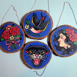 Hand painted small wooden circle wall hanging - American traditional tattoo flash