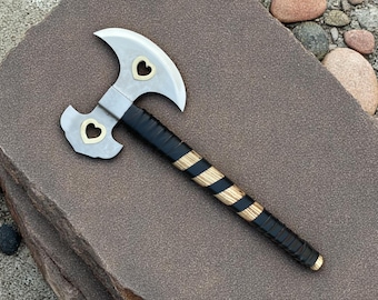 Handmade Mountaineer's Axe: Ash Wood Handle, Heart-Shaped Cutouts custom camping hatchet with leather sheath
