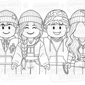 May include: Black and white illustration of four stylized figures, each wearing a beanie and casual clothing. The figures are smiling and appear to be a group of friends. The image has the text "POPPING PAPER STUDIOS".