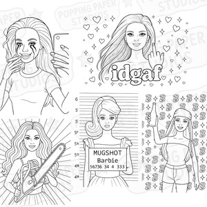 以下が含まれることがあります： さまざまなポーズの女性を描いた白黒イラスト。自撮りしながら泣いている女性、中指を立てて「idgaf」と書かれた女性、チェーンソーを持っている女性がいます。「バービー」のマグショットもあります。