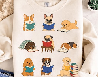 Funny Dog Reading Books Png, Book Lover Gift, Librarian Dog Png, Reader Teacher Dog PNG,  Cute Bookworm Dog Png. (Digital Download)