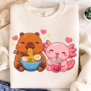 Imagem PNG de uma capivara e um axolote fofos comendo ramen e tomando chá de bolhas. Presente perfeito para amantes de comida animal. Capivara kawaii comendo ramen, axolote bebendo boba. (Download digital)