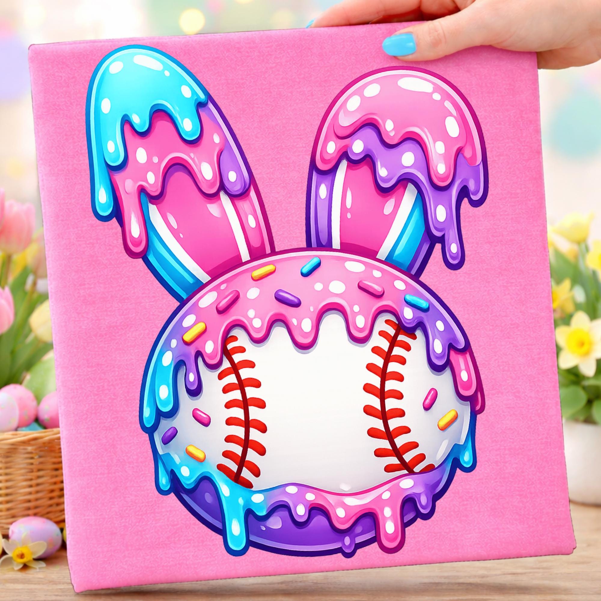 Easter Baseball Ice Cream Drip PNG, Bunny Ears Baseball Png, Cute ...