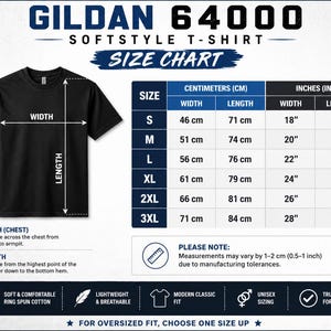 以下が含まれることがあります： 黒色のGildan 64000 Softstyle Tシャツとサイズチャート。Sから3XLまでのサイズについて、インチとセンチメートルでの測定値を示しています。シャツの幅は46cmから71cm、長さは71cmから84cmです。