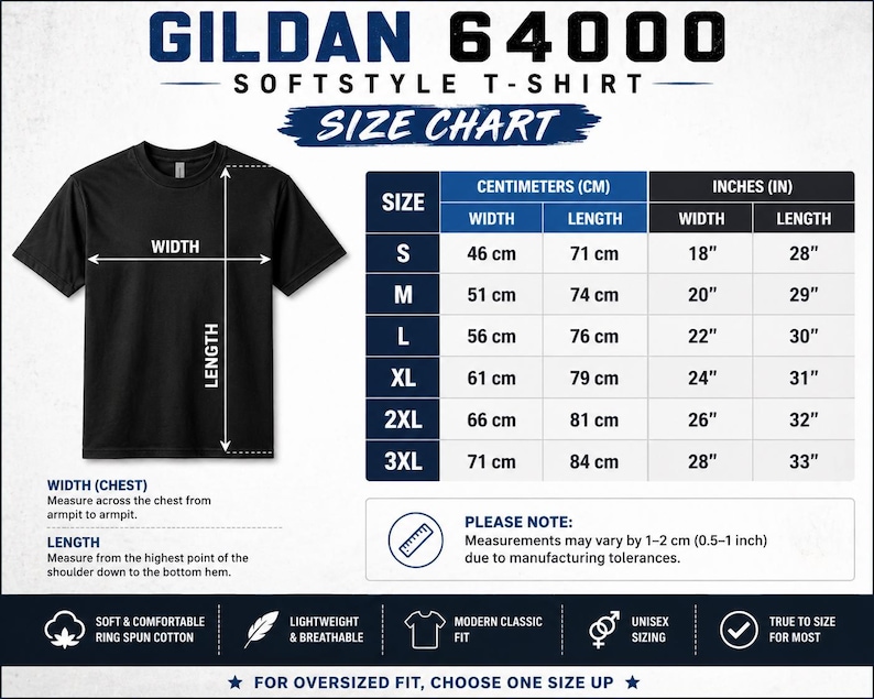 以下が含まれることがあります： 黒色のGildan 64000 Softstyle Tシャツとサイズチャート。Sから3XLまでのサイズについて、インチとセンチメートルでの測定値を示しています。シャツの幅は46cmから71cm、長さは71cmから84cmです。