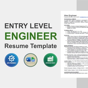 Könnte beinhalten: Eine Lebenslaufvorlage für einen Einstiegsingenieur. Der Titel ist in großen, dunkelgrauen Buchstaben gehalten, wobei das Wort „ENGINEER“ grün ist. Drei runde Symbole darunter lauten „ATS Friendly“, „Word“ und „Interview Ready“. Auf der rechten Seite befindet sich ein Beispiel-Lebenslauf.