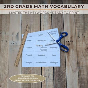 May include: A sheet of white paper with a grid of 3rd Grade Math Vocabulary terms including Area, Denominator, Fraction, Product, Quotient, Sum, Triangle, Quadrilateral, and Pentagon, alongside a wooden ruler and blue-handled metal scissors.