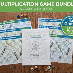 May include: A multiplication game bundle featuring "Snakes & Ladders" game boards and a "Multiplication Mastery Playbook." The image shows game boards with snakes and ladders, dice, and game pieces. The bundle includes 12 games and a free parent guide.