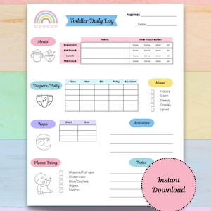 Könnte beinhalten: Ein druckbares tägliches Protokoll für Kleinkinder mit einem Regenbogen- und Herz-Design. Das Protokoll enthält Abschnitte für Mahlzeiten, Windeln/Töpfchen, Nickerchen, Aktivitäten und Notizen. Der Text "Instant Download" befindet sich in einem rosa Kreis.