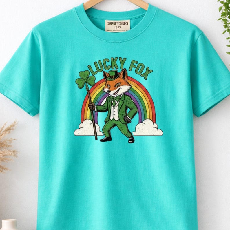 May include: A turquoise Comfort Colors t-shirt featuring a graphic of a fox in a green suit and hat, holding a shamrock and staff in front of a rainbow. The text "LUCKY FOX" is arched above the fox.