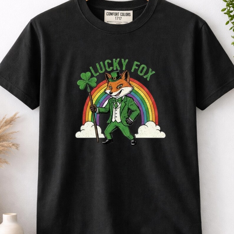 May include: Black t-shirt featuring a cartoon fox dressed in a green suit and hat, holding a shamrock and staff in front of a rainbow. The text "LUCKY FOX" is arched above the fox. The shirt has a Comfort Colors 1717 tag.
