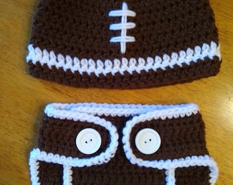 Crocheted Football Baby Hat and Diaper Cover Set