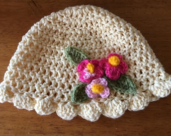 Crocheted Baby Spring Hat - Spring Hat - Photo Prop - Baby Hat - Floral Crocheted Hat - Easter