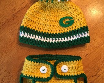 Crocheted Green Bay Packers Replica Baby Hat and Diaper Cover Set - Baby Photo Prop - Baby Hat