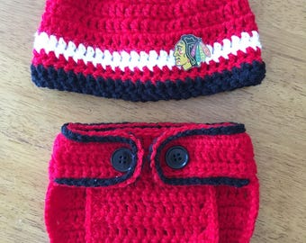 Crocheted Chicago Replica Blackhawks Hat and Diaper Cover Set - Baby Photo Prop - Baby Hat